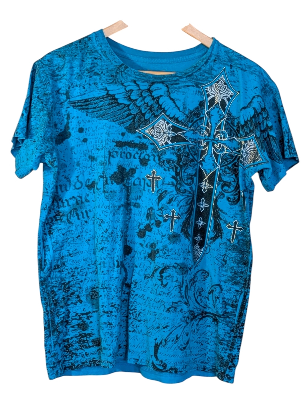 Konflic Blue All Over Graphic Cross Wing Tee Men's M Streetwear Biker Casual